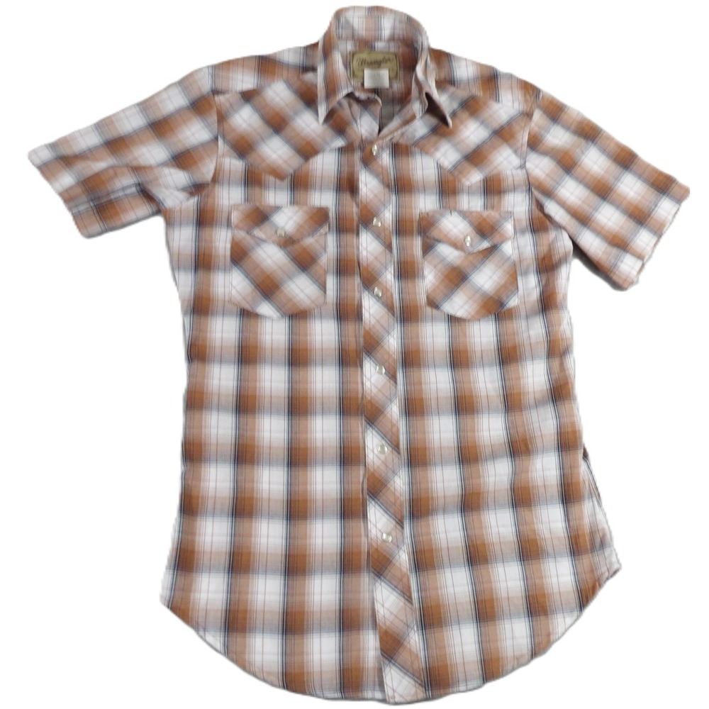 Wrangler‎ Western Shirt Men S Brown Plaid Pearl Snap Short Sleeve Cowboy Rodeo